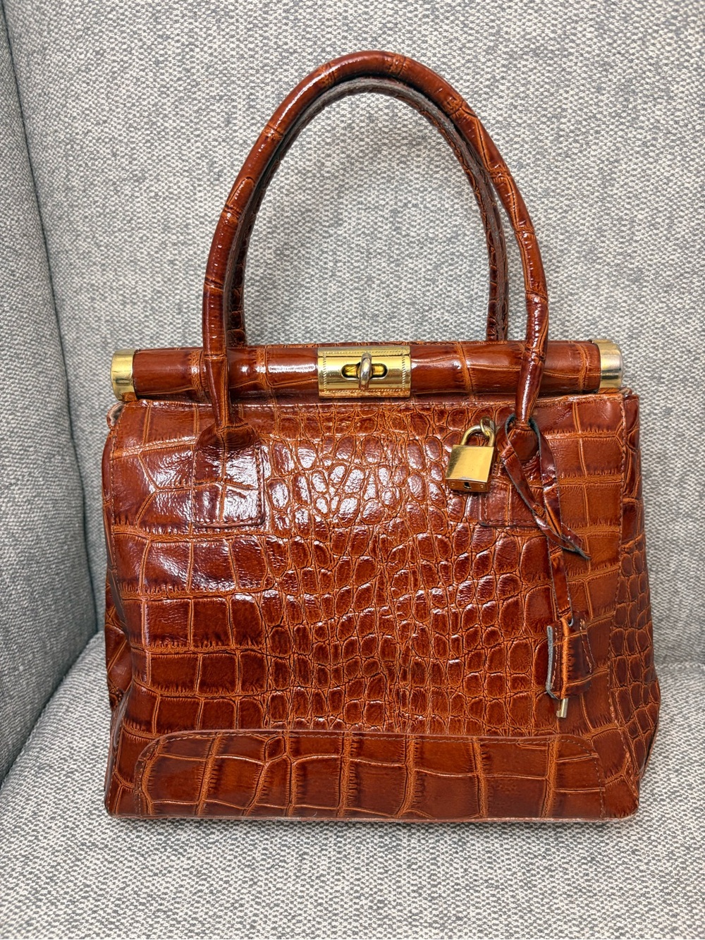 Italian Handmade Leather Classic Croc-Embossed Top Handle Satchel - Brown